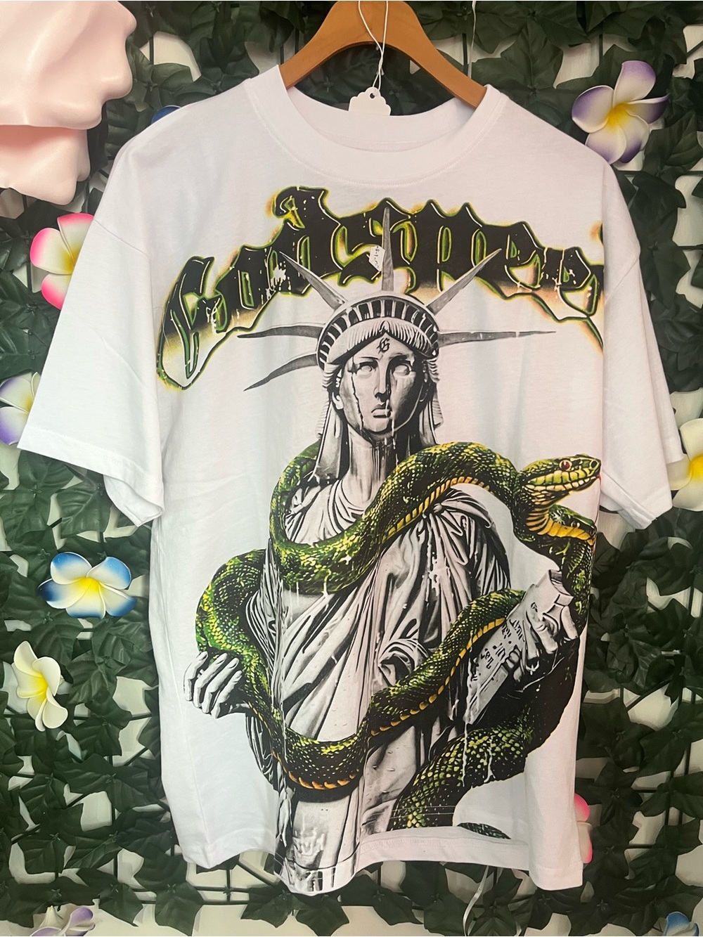 Fear of God White Tee with Statue and Green Snake Graphic